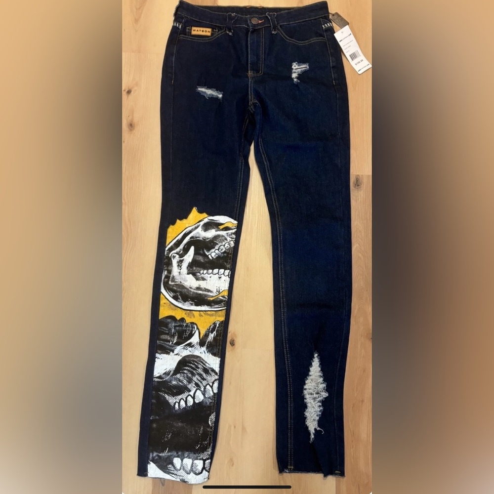 Watson Men Distressed Embellished Skull Patch Denim Jeans Indigo Sz 28 x 35
